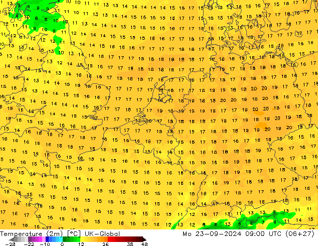 Temperature (2m) UK-Global Mo 23.09.2024 09 UTC