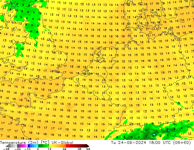 Temperature (2m) UK-Global Tu 24.09.2024 18 UTC