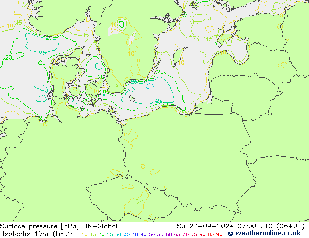 Isotachs (kph) UK-Global Su 22.09.2024 07 UTC