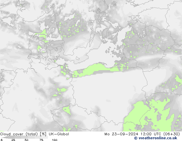 Cloud cover (total) UK-Global Po 23.09.2024 12 UTC