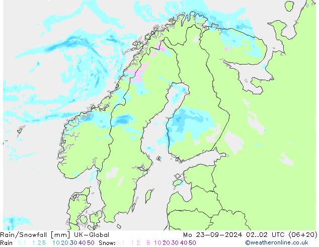 Rain/Snowfall UK-Global 星期一 23.09.2024 02 UTC