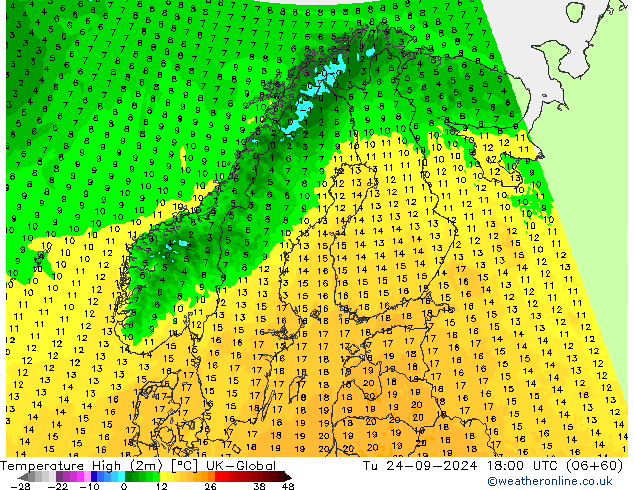 Temp. massima (2m) UK-Global mar 24.09.2024 18 UTC