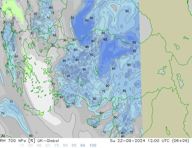 RH 700 hPa UK-Global So 22.09.2024 12 UTC