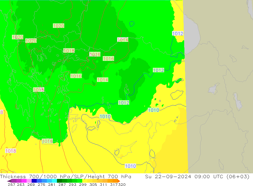 Thck 700-1000 hPa UK-Global dim 22.09.2024 09 UTC