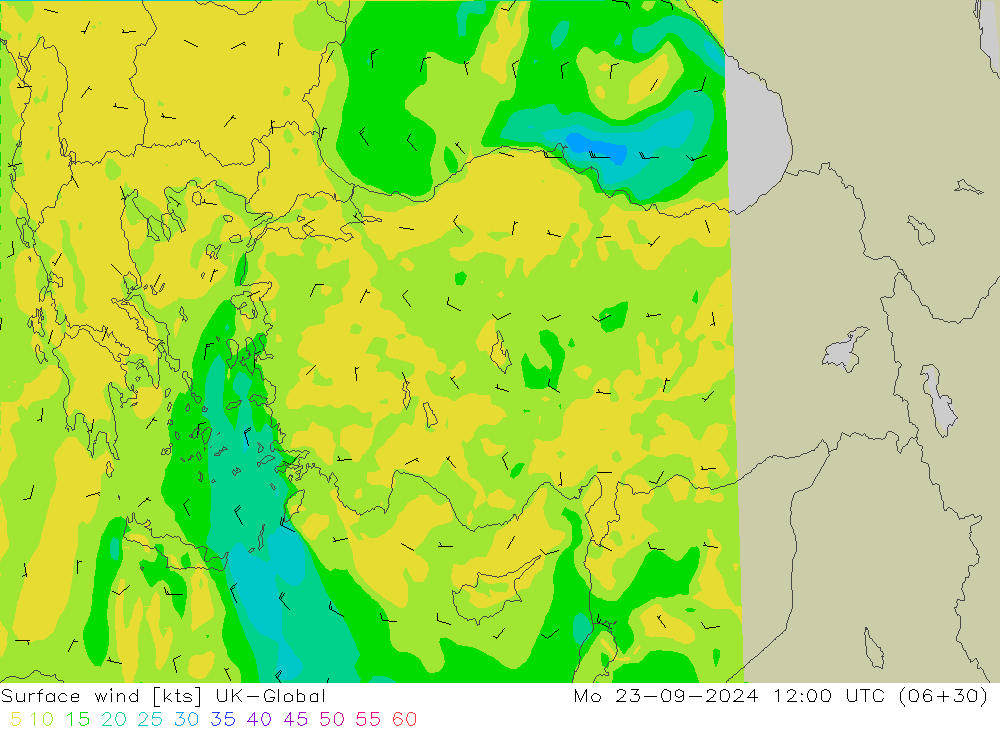 Surface wind UK-Global Mo 23.09.2024 12 UTC