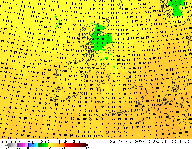 Höchstwerte (2m) UK-Global So 22.09.2024 09 UTC