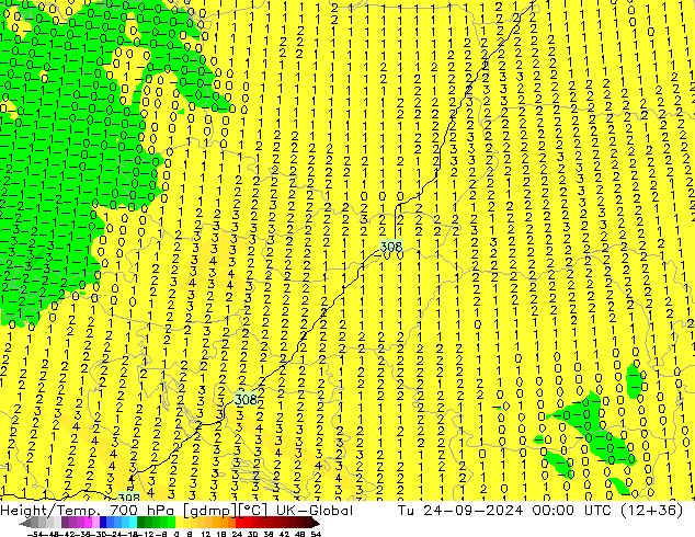 Height/Temp. 700 hPa UK-Global wto. 24.09.2024 00 UTC