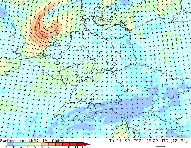 Vento 10 m (bft) UK-Global Ter 24.09.2024 15 UTC