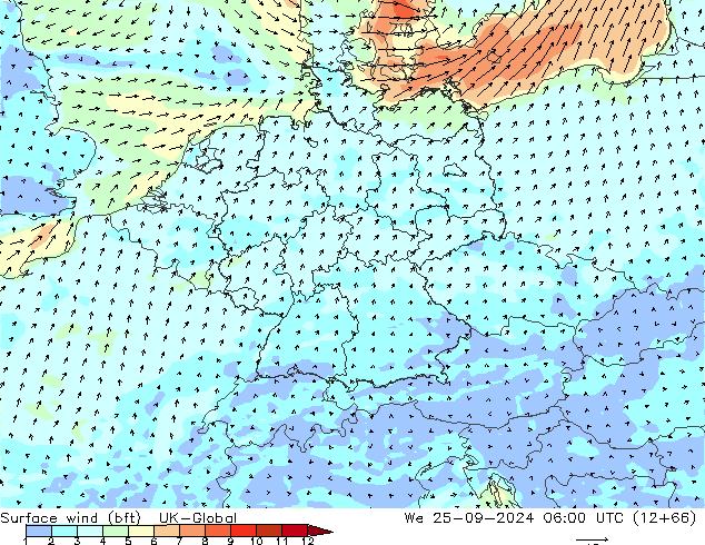 Vento 10 m (bft) UK-Global mer 25.09.2024 06 UTC