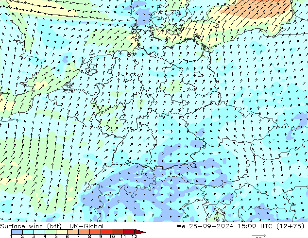 Surface wind (bft) UK-Global We 25.09.2024 15 UTC