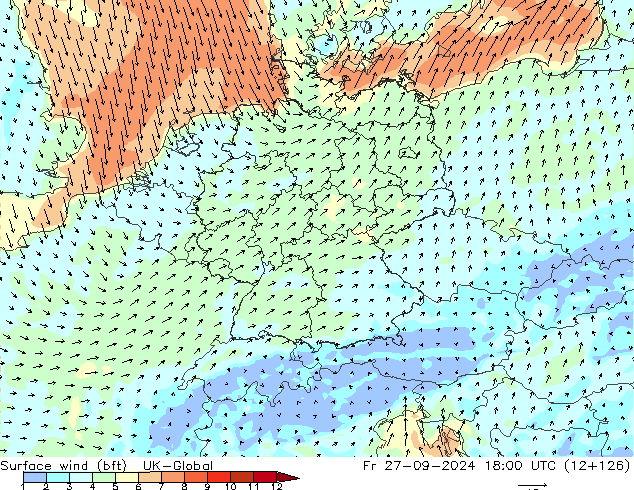 Viento 10 m (bft) UK-Global vie 27.09.2024 18 UTC