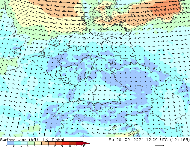 Vent 10 m (bft) UK-Global dim 29.09.2024 12 UTC