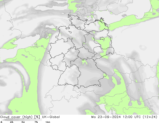 Cloud cover (high) UK-Global Mo 23.09.2024 12 UTC