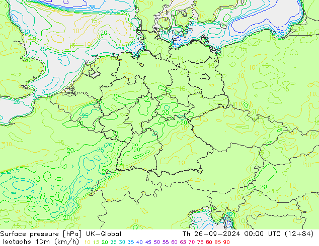 Isotachs (kph) UK-Global Čt 26.09.2024 00 UTC