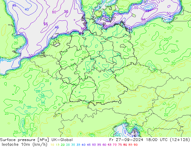 Isotachs (kph) UK-Global ven 27.09.2024 18 UTC