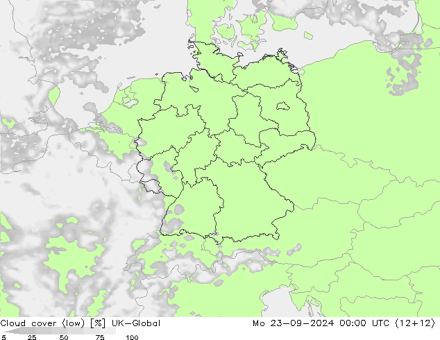 Cloud cover (low) UK-Global Mo 23.09.2024 00 UTC