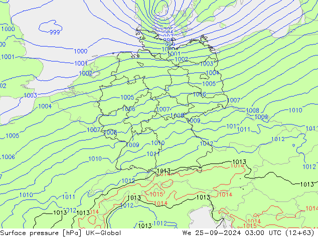 Pressione al suolo UK-Global mer 25.09.2024 03 UTC