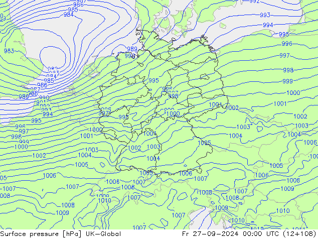 Pressione al suolo UK-Global ven 27.09.2024 00 UTC