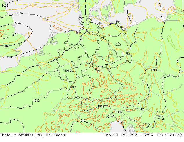 Theta-e 850гПа UK-Global пн 23.09.2024 12 UTC