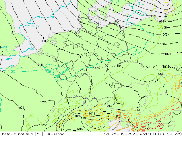 Theta-e 850hPa UK-Global za 28.09.2024 06 UTC