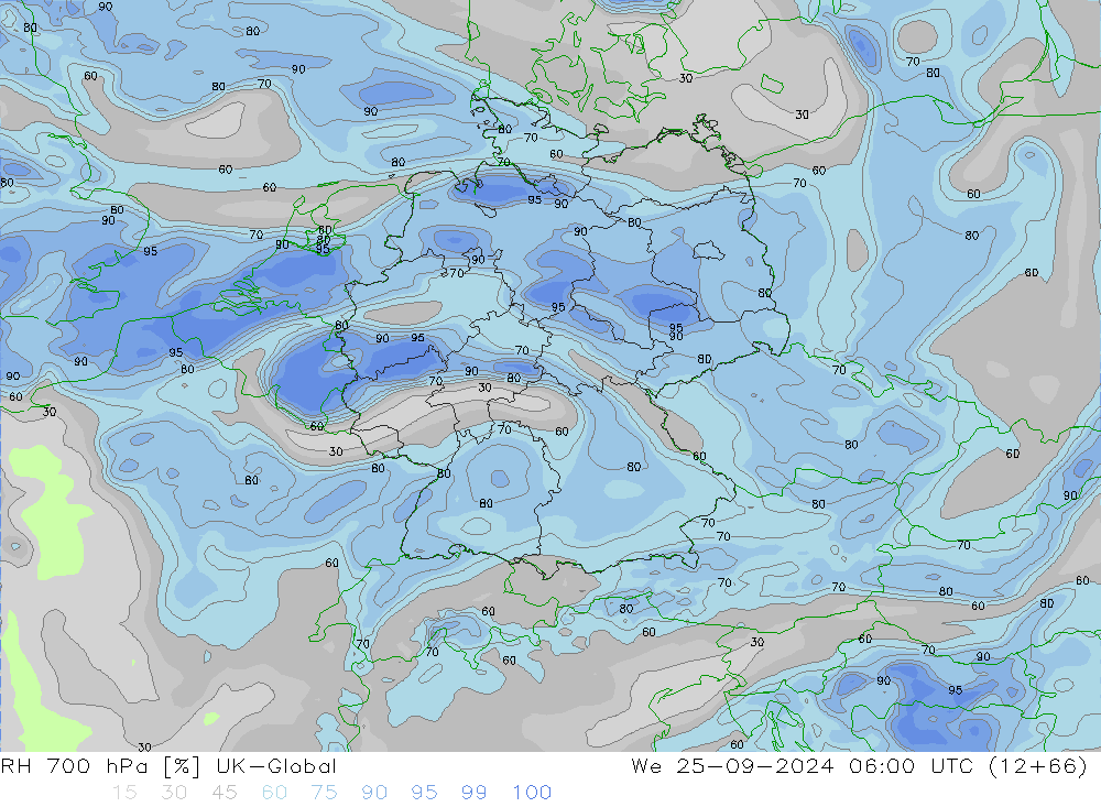 Humidité rel. 700 hPa UK-Global mer 25.09.2024 06 UTC