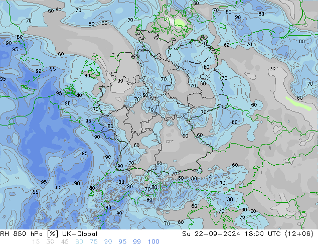 Humedad rel. 850hPa UK-Global dom 22.09.2024 18 UTC