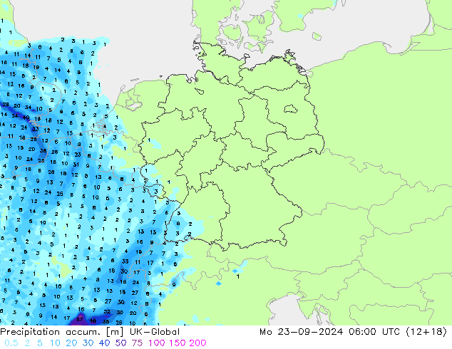 Precipitation accum. UK-Global Po 23.09.2024 06 UTC