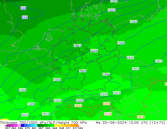 Espesor 700-1000 hPa UK-Global mié 25.09.2024 12 UTC