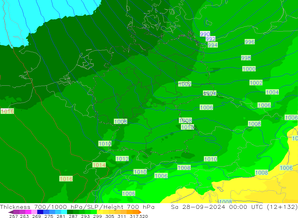 Thck 700-1000 hPa UK-Global So 28.09.2024 00 UTC