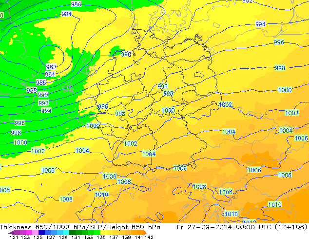 Dikte 850-1000 hPa UK-Global vr 27.09.2024 00 UTC