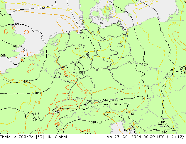 Theta-e 700hPa UK-Global Mo 23.09.2024 00 UTC