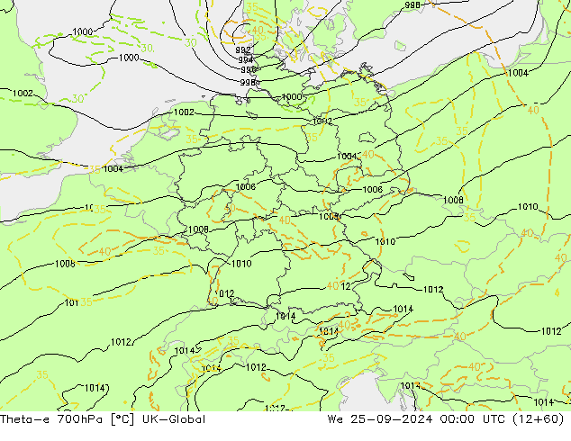 Theta-e 700hPa UK-Global Mi 25.09.2024 00 UTC