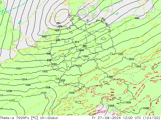 Theta-e 700hPa UK-Global Cu 27.09.2024 12 UTC