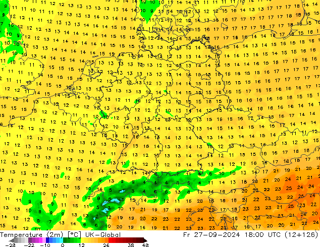 Temperatura (2m) UK-Global vie 27.09.2024 18 UTC