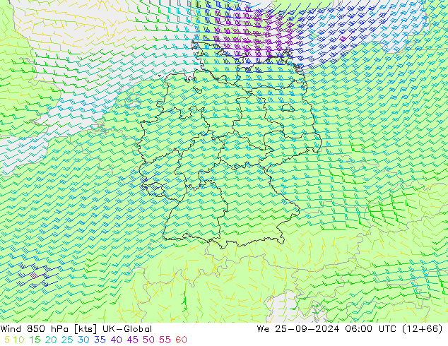 Wind 850 hPa UK-Global We 25.09.2024 06 UTC