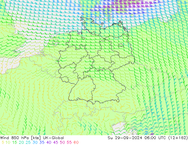 Wind 850 hPa UK-Global zo 29.09.2024 06 UTC