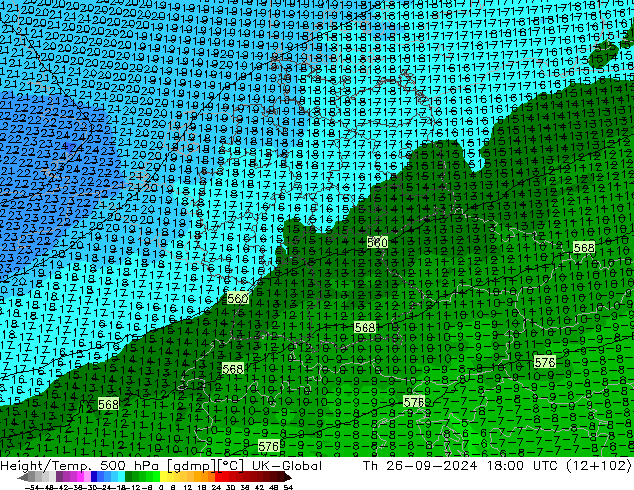 Height/Temp. 500 гПа UK-Global чт 26.09.2024 18 UTC