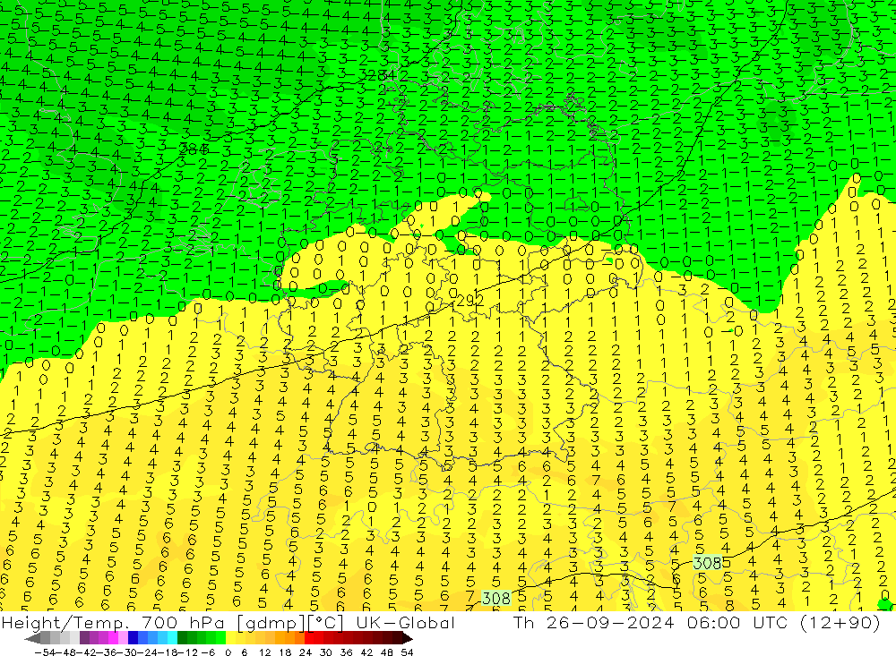 Height/Temp. 700 гПа UK-Global чт 26.09.2024 06 UTC