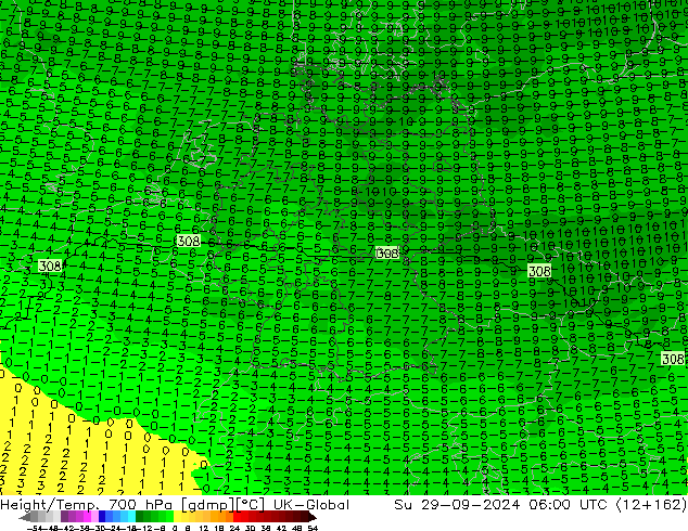 Géop./Temp. 700 hPa UK-Global dim 29.09.2024 06 UTC