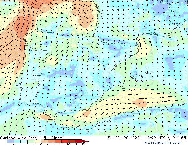 Surface wind (bft) UK-Global Su 29.09.2024 12 UTC