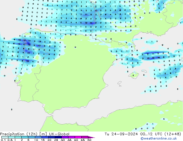 Precipitation (12h) UK-Global Tu 24.09.2024 12 UTC