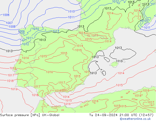 Surface pressure UK-Global Tu 24.09.2024 21 UTC