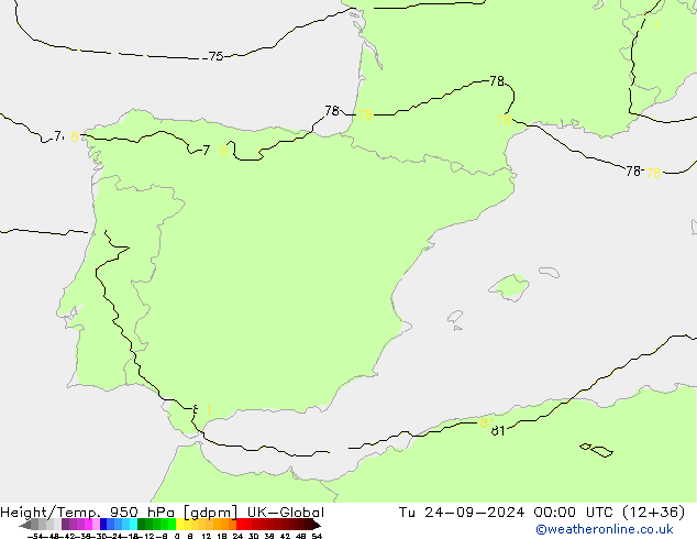 Height/Temp. 950 hPa UK-Global mar 24.09.2024 00 UTC