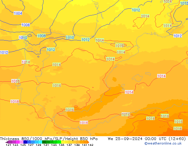 850-1000 hPa Kalınlığı UK-Global Çar 25.09.2024 00 UTC