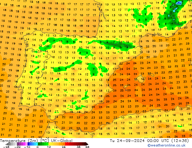 Temperatuurkaart (2m) UK-Global di 24.09.2024 00 UTC