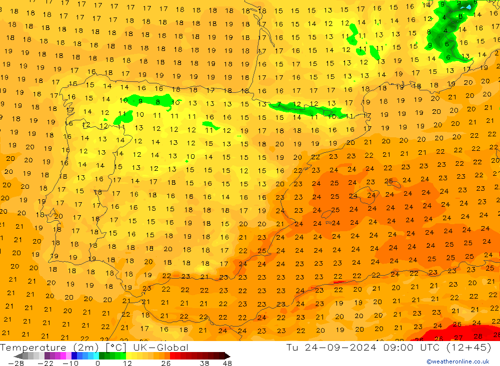 Temperature (2m) UK-Global Út 24.09.2024 09 UTC