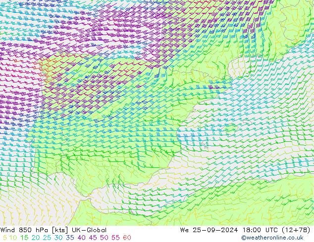 Wind 850 hPa UK-Global We 25.09.2024 18 UTC