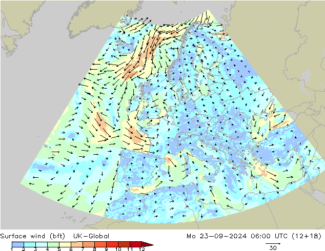 Rüzgar 10 m (bft) UK-Global Pzt 23.09.2024 06 UTC