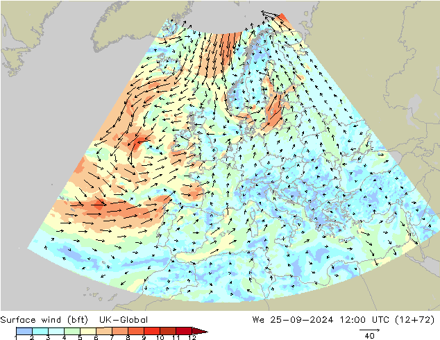 Surface wind (bft) UK-Global St 25.09.2024 12 UTC