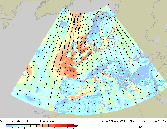 Surface wind (bft) UK-Global Fr 27.09.2024 06 UTC